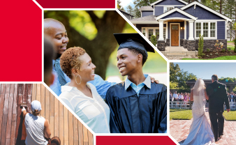 Picture montage of life moments including wedding, graduation, home renovation and home purchase. 