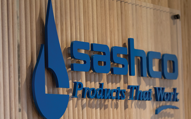 Sashco company logo on their wall in corporate offices in Thornton, Colo. 