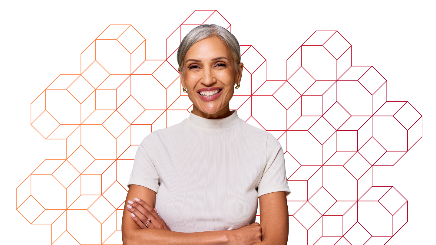 Smiling woman in front of BOK Financial graphic