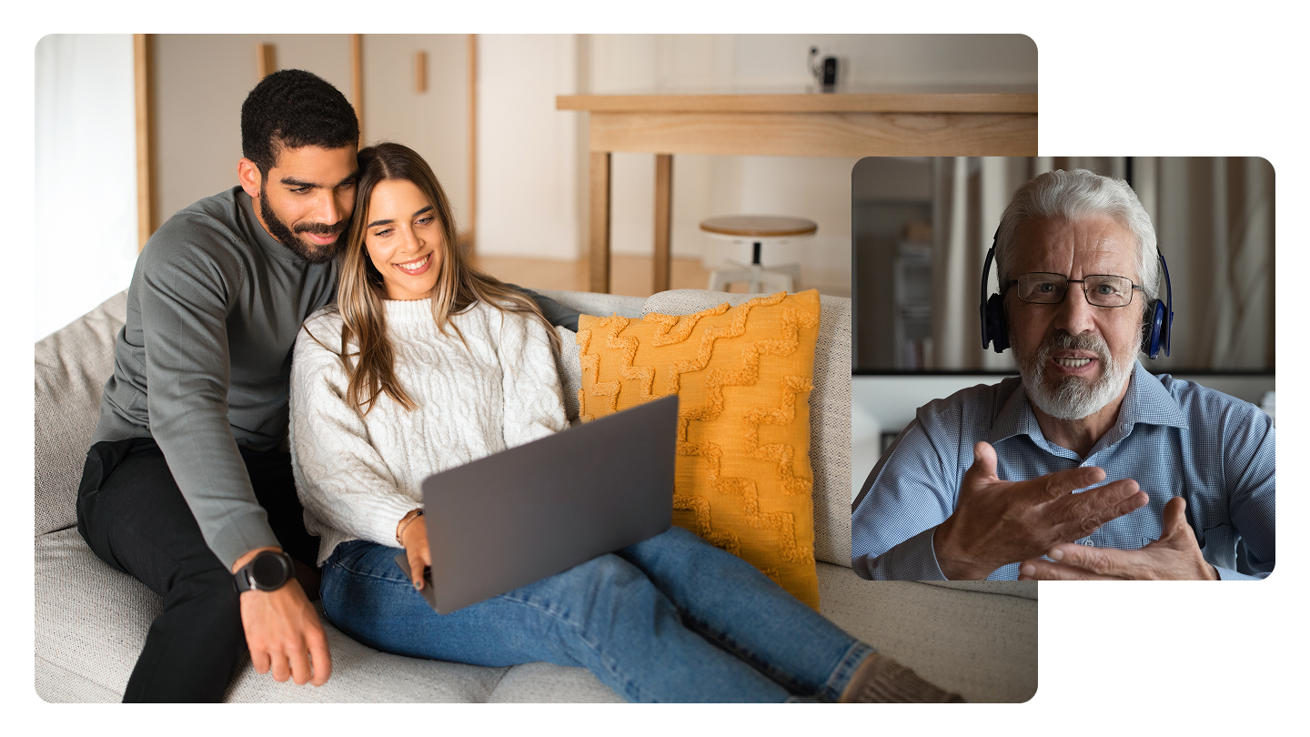 Smiling couple speaking with a financial planning from their laptop