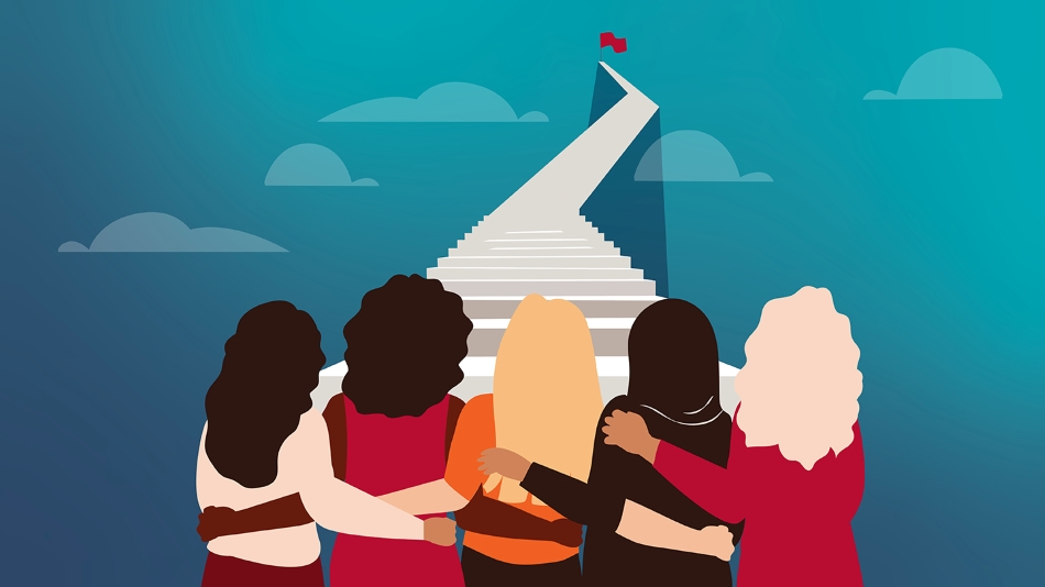 Graphic of women at the foot of a staircase with a flag at the peak