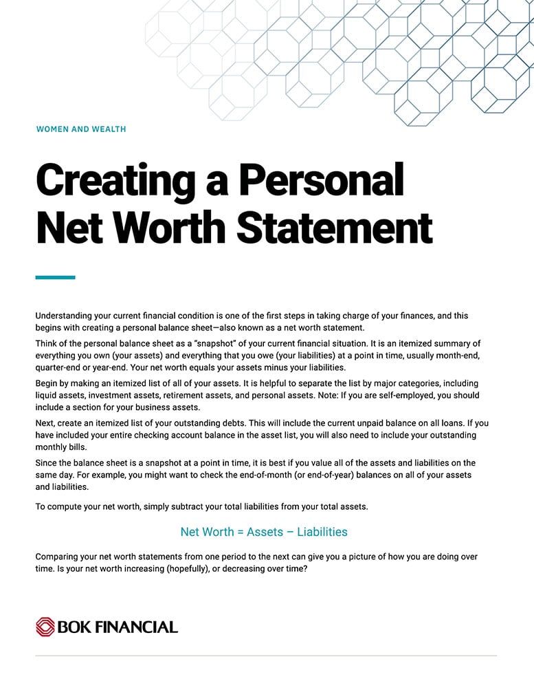 Cover page for PDF on "Creating a Personal Net Worth Statement"