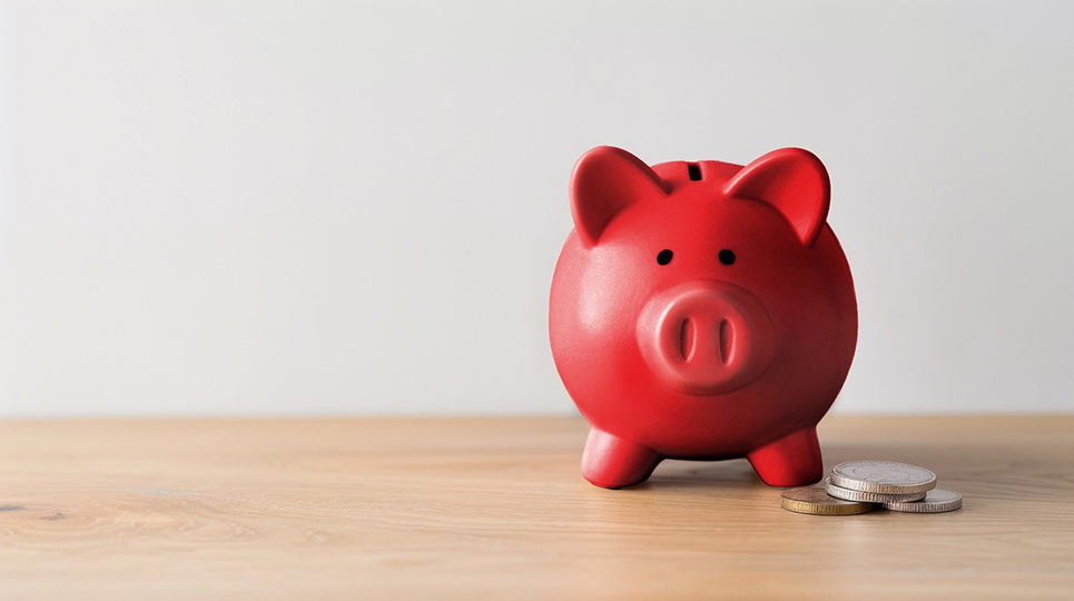 Red piggy bank on tan countertop with some loose change. 