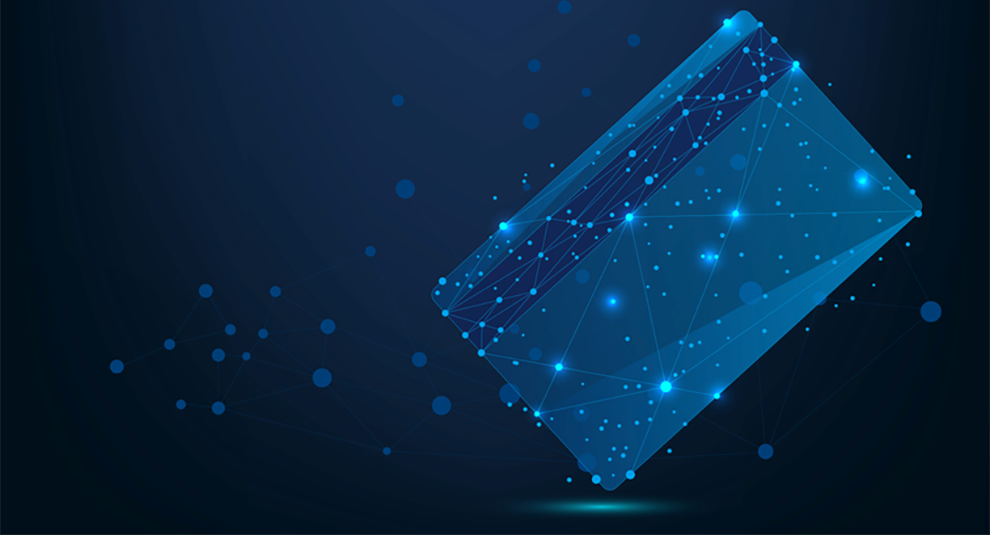 sparkling blue credit card on a deep blue background.