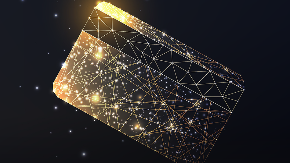 Sparkling gold credit card with digital lines running through it. 