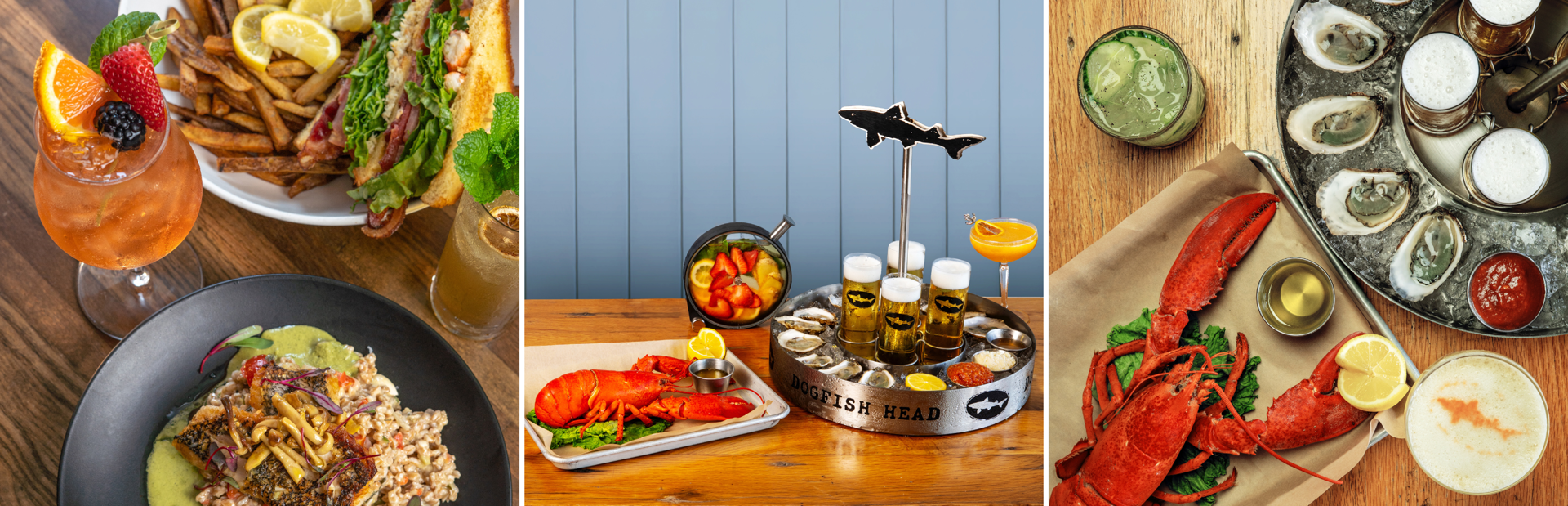 3 photos of food and cocktails from Dogfish Head Chesapeake & Maine. Lobster, oysters, fish.