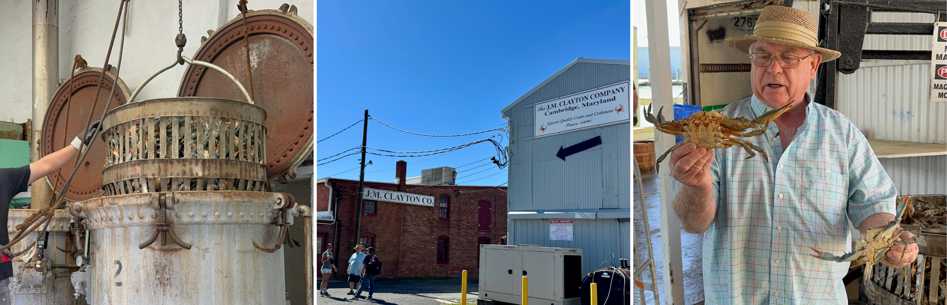 Photo of large crab steamer pots. Photo of JM Clayton Seafood Company exterior. Photo of Jack Brooks holding 2 crabs.