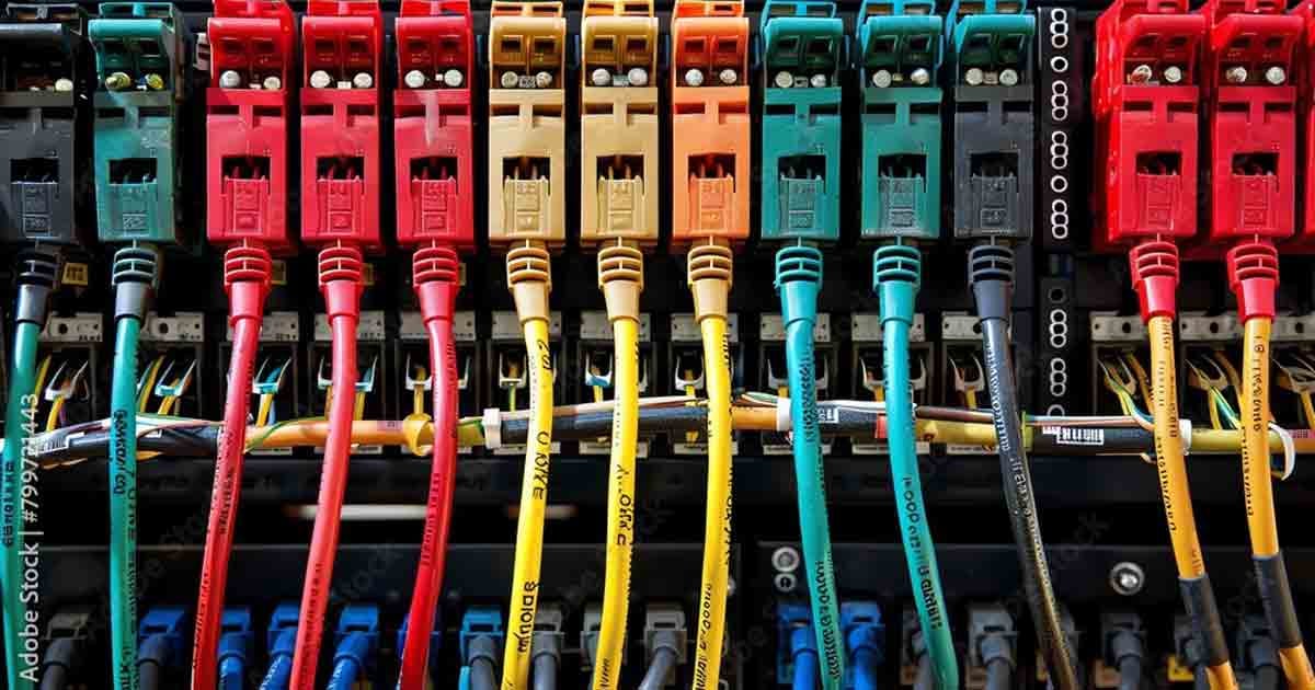 A patch panel with multiple cables grouped by color.