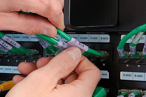 Closeup of hands labeling green cables.
