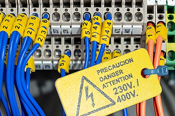 Closeup of electrical wiring with a warning tag about voltage.