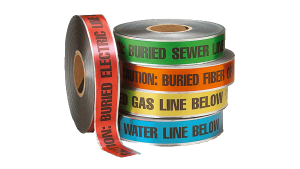 Rolls of warning tape with words &quot;water line buried,&quot; &quot;sewer line buried&quot; printed on them.