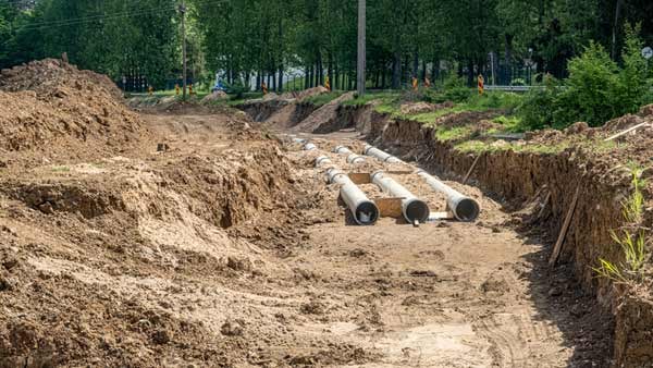 Underground water pipes in dirt next to a trench dug for them.