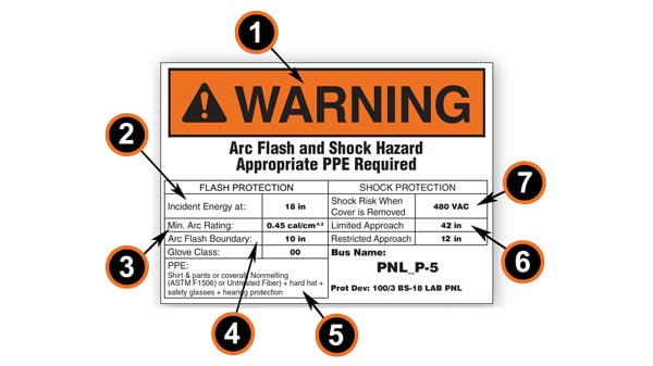 An arc flash label with seven points called out.