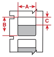 Self-laminating label with dimensions. A is width, B is total height, and C is printable height.