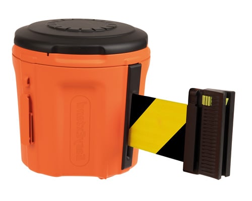 A bright orange easy extend barrier head with a yellow and black caution stretch belt to connect to another barrier post base.