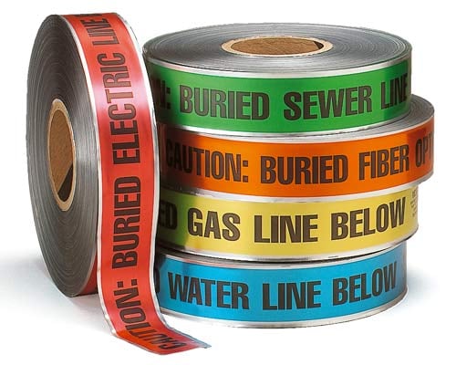 An assortment of detectable identoline warning Tape for buried utility lines.