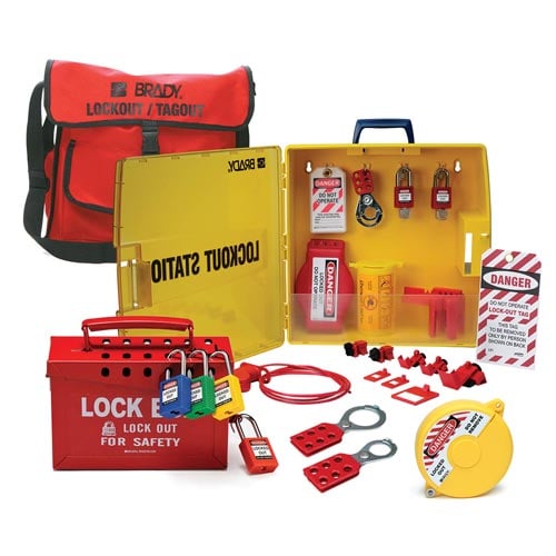 A collection of lockout products, including tags, devices, a lockout box and a kit.