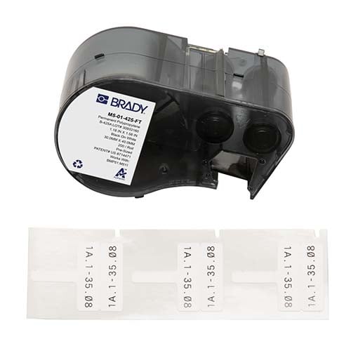 Brady T-Flag matte polypropylene labels with ribbon for M5 printers.