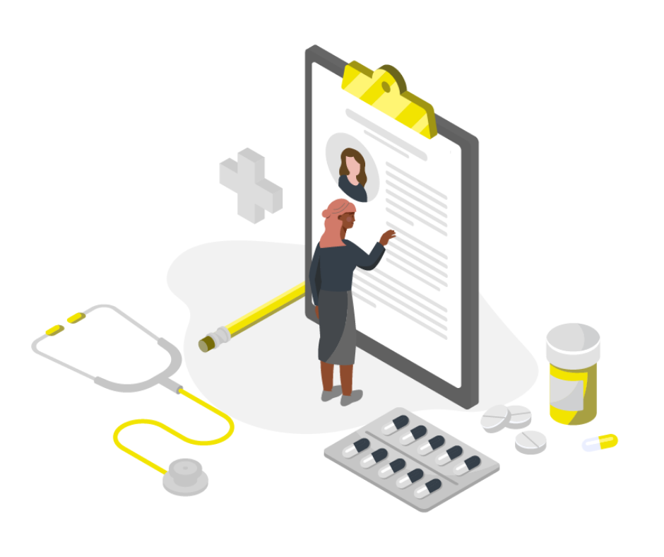 Vector illustration of woman reviewing resume with the concept of pharmaceuticals in the surrounding area