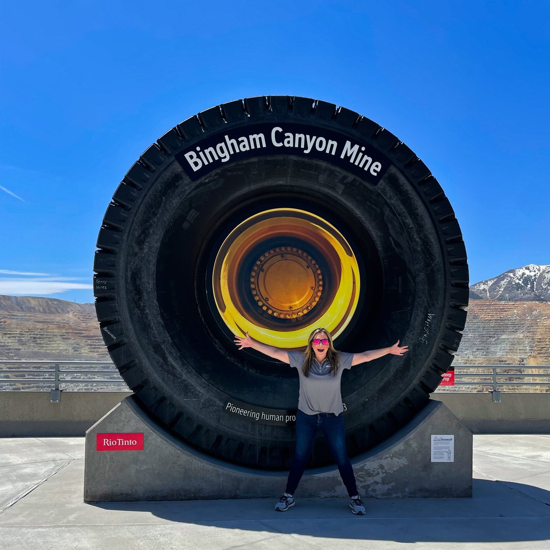 Brunel team member posing with Mining tire