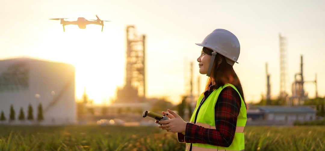 Woman operating drone at gas plant