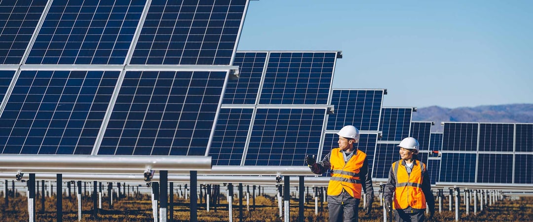 Two workers inspecting a field of solar panels