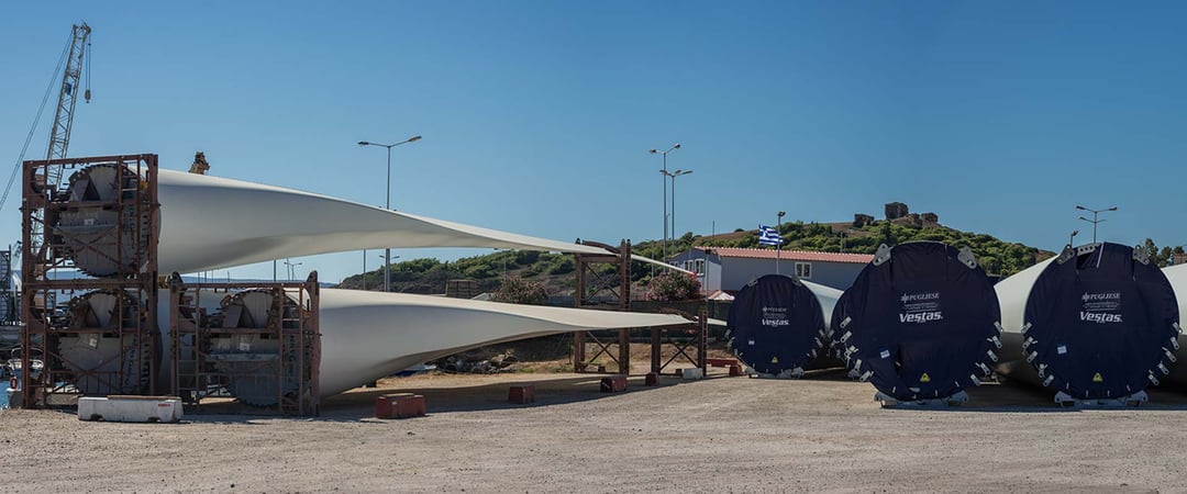 Unassembled wind turbine blades at Lavrio Harbour, Greece