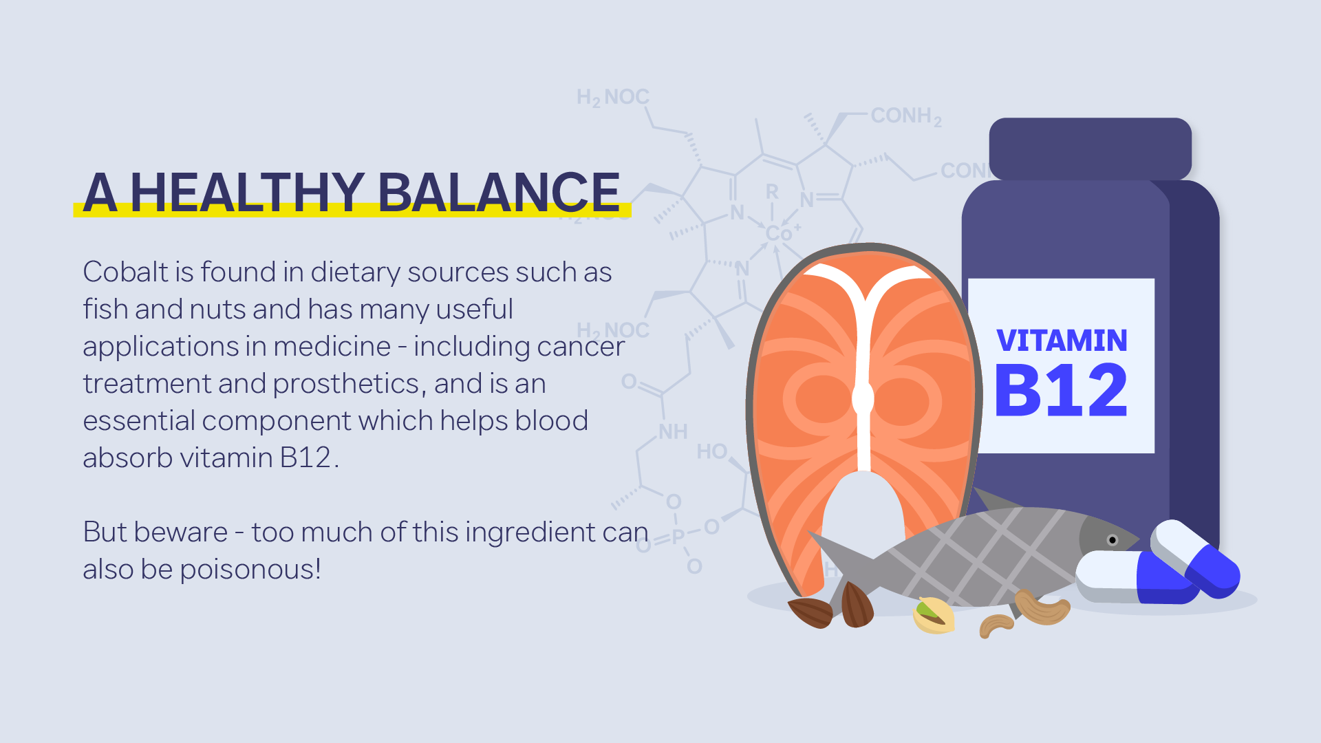 Cobalt ingredient in vitamin B12 food fish nuts medical devices