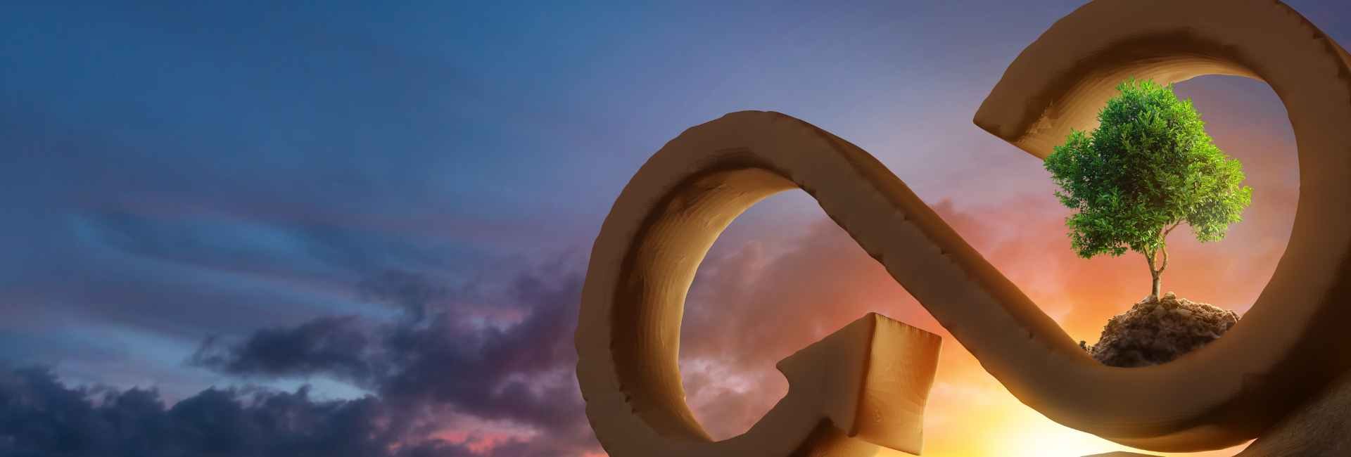 Recycling logo overlayed above sky sunset with tree