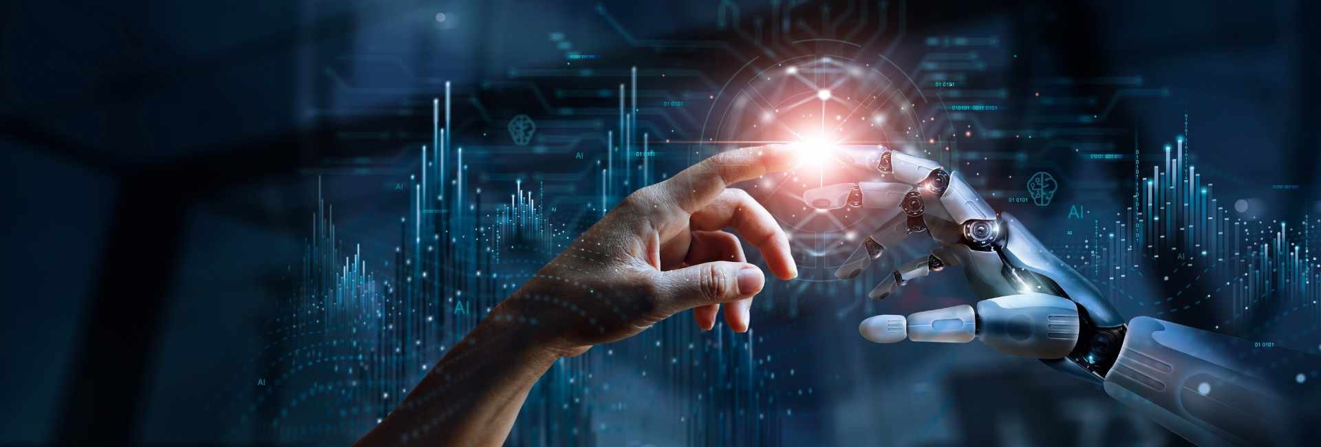 Cyber illustration of human hand connecting with robot hand
