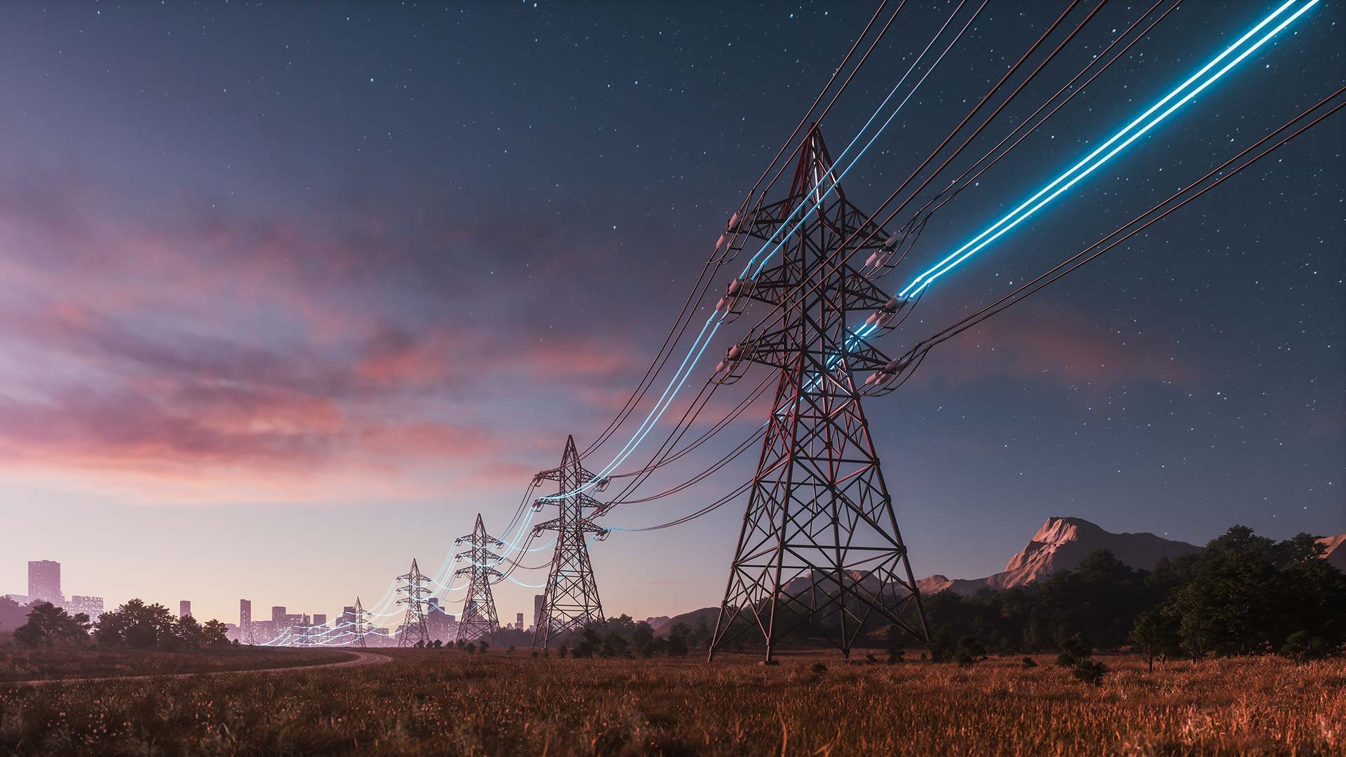 Power transmission tower at sunset