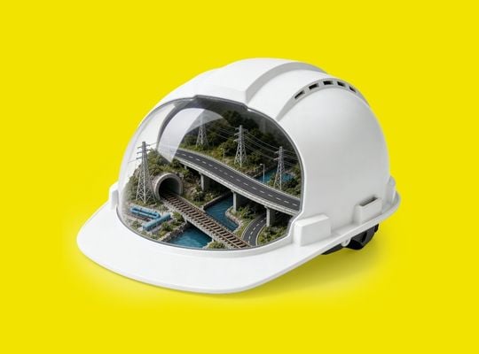 Arbeitshelm mit Miniaturlandschaft im Inneren