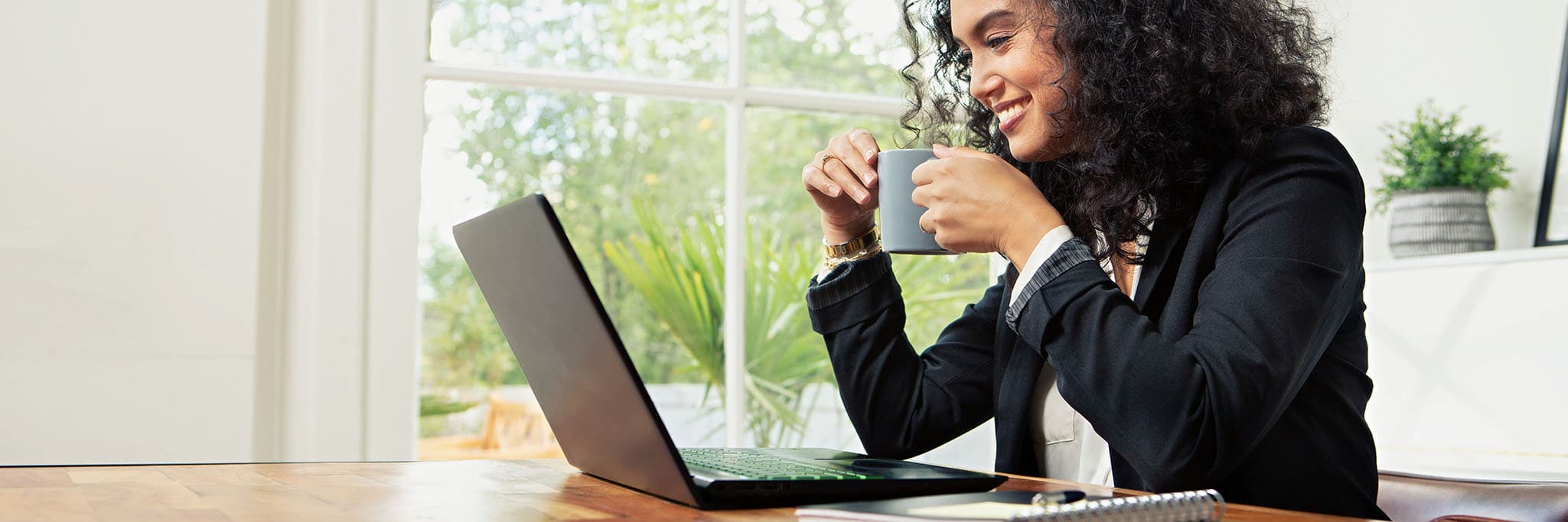 Smiling at computer