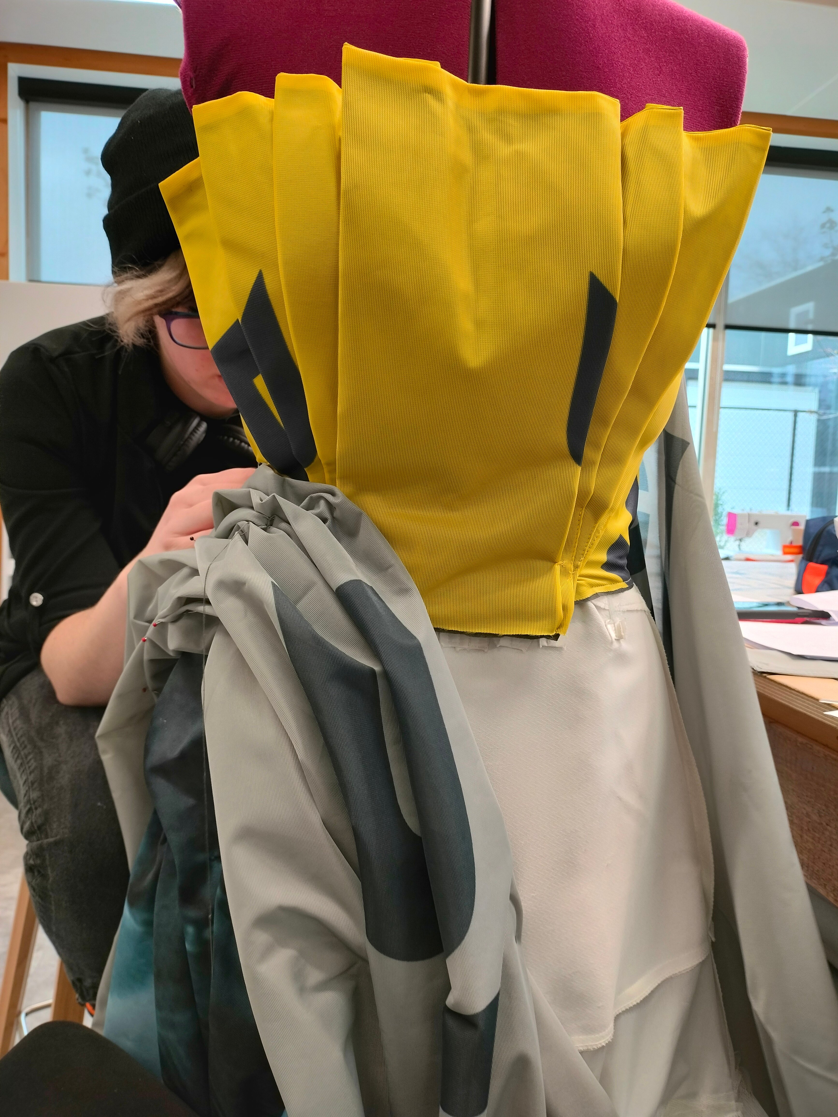 Brunel Foundation Conscious Dress Making Brunel Foundation project creating an upcycled garment on a mannequin as part of sustainable fashion initiatives.