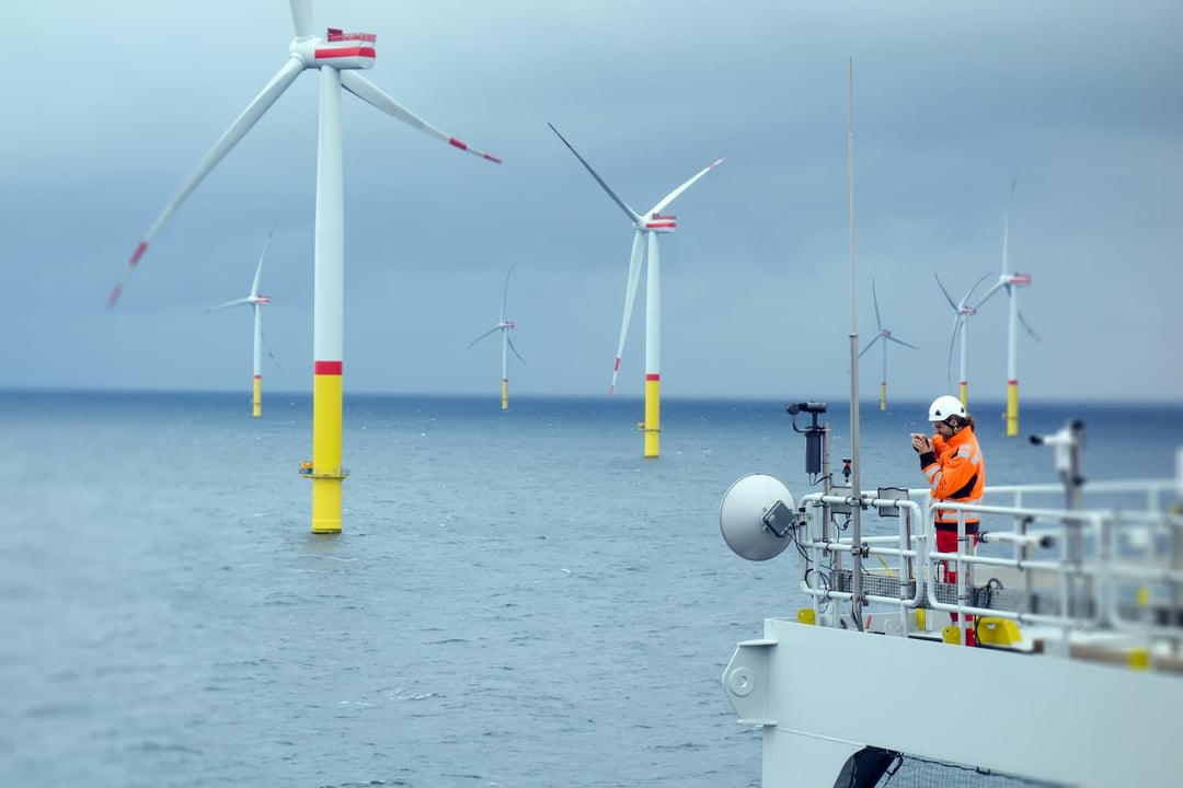 Employee looking at wind mills at sea