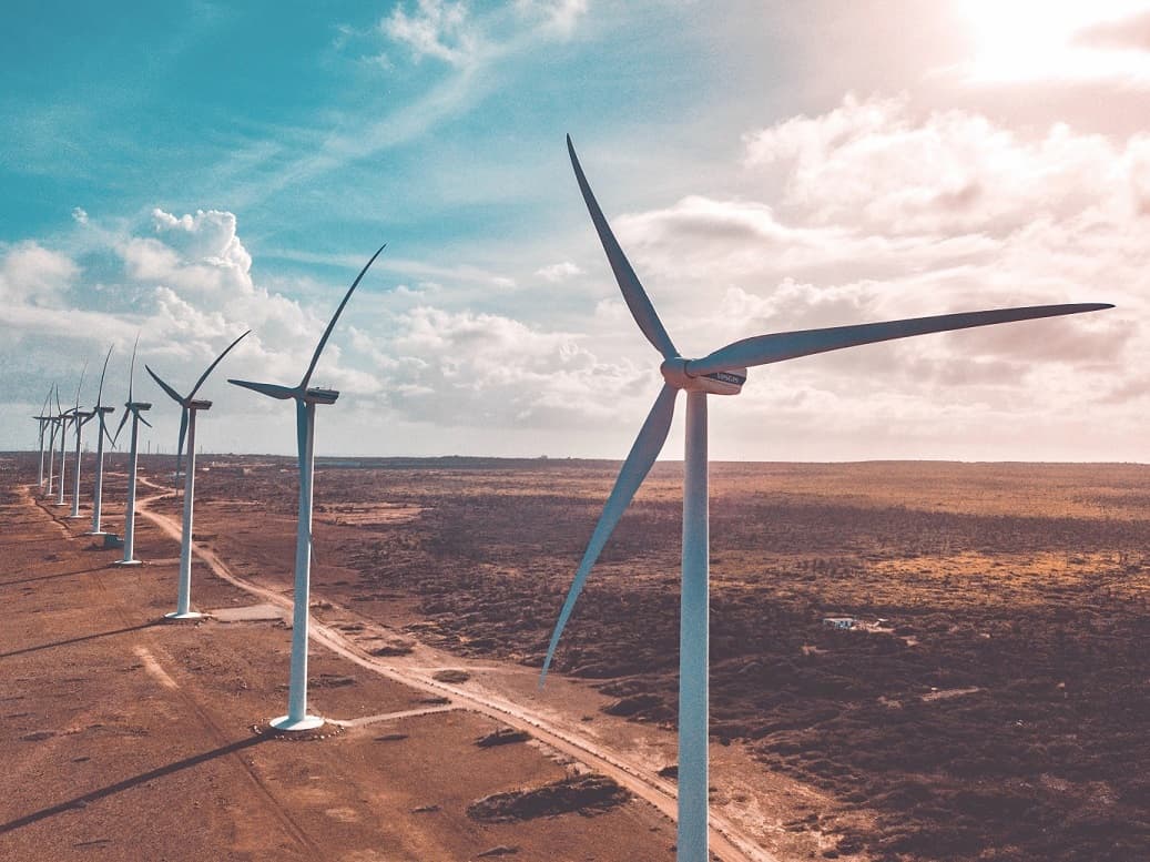 Windmills in dry landscape