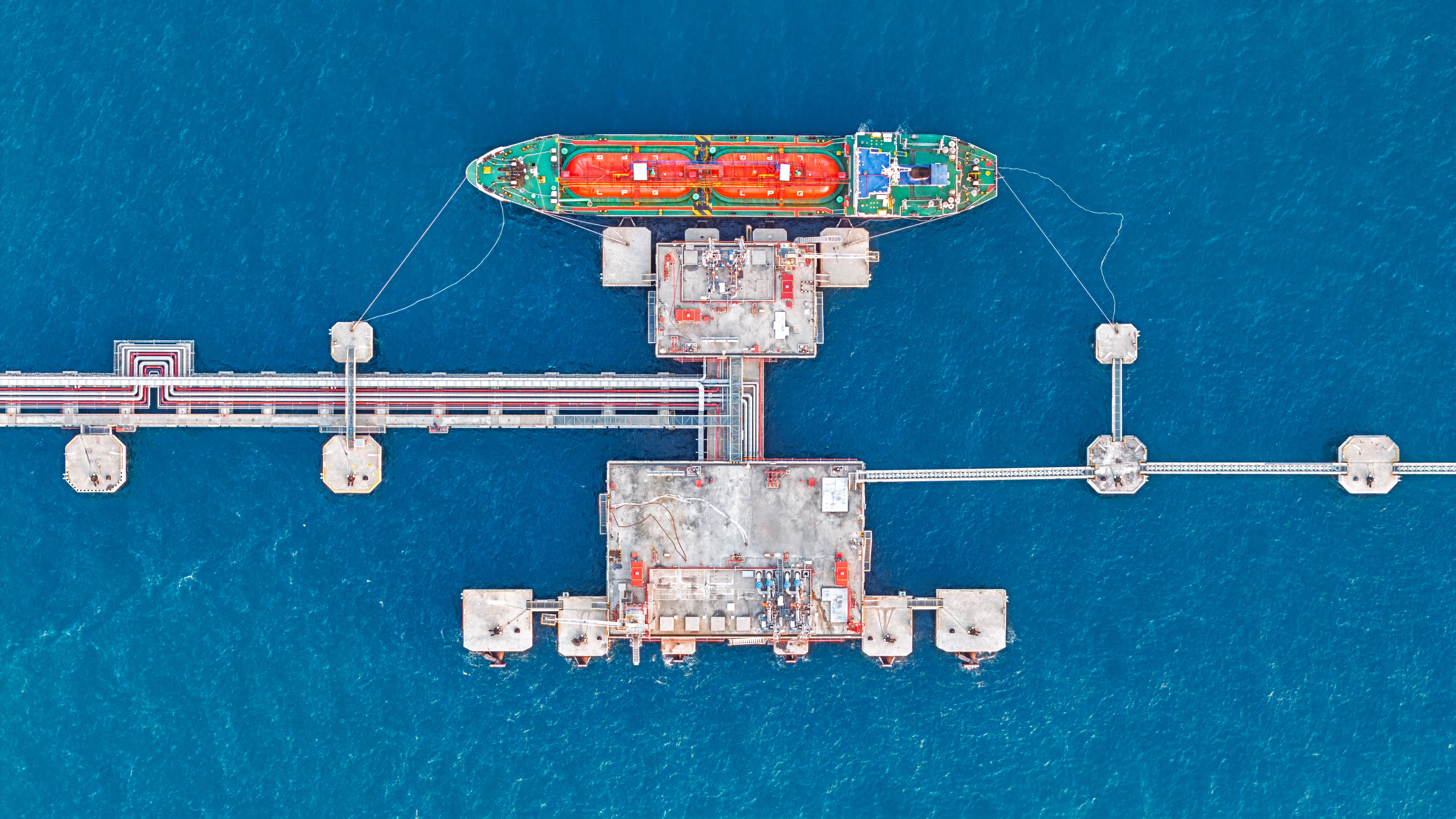 Aerial view of an offshore oil platform used by offshore rig workers
