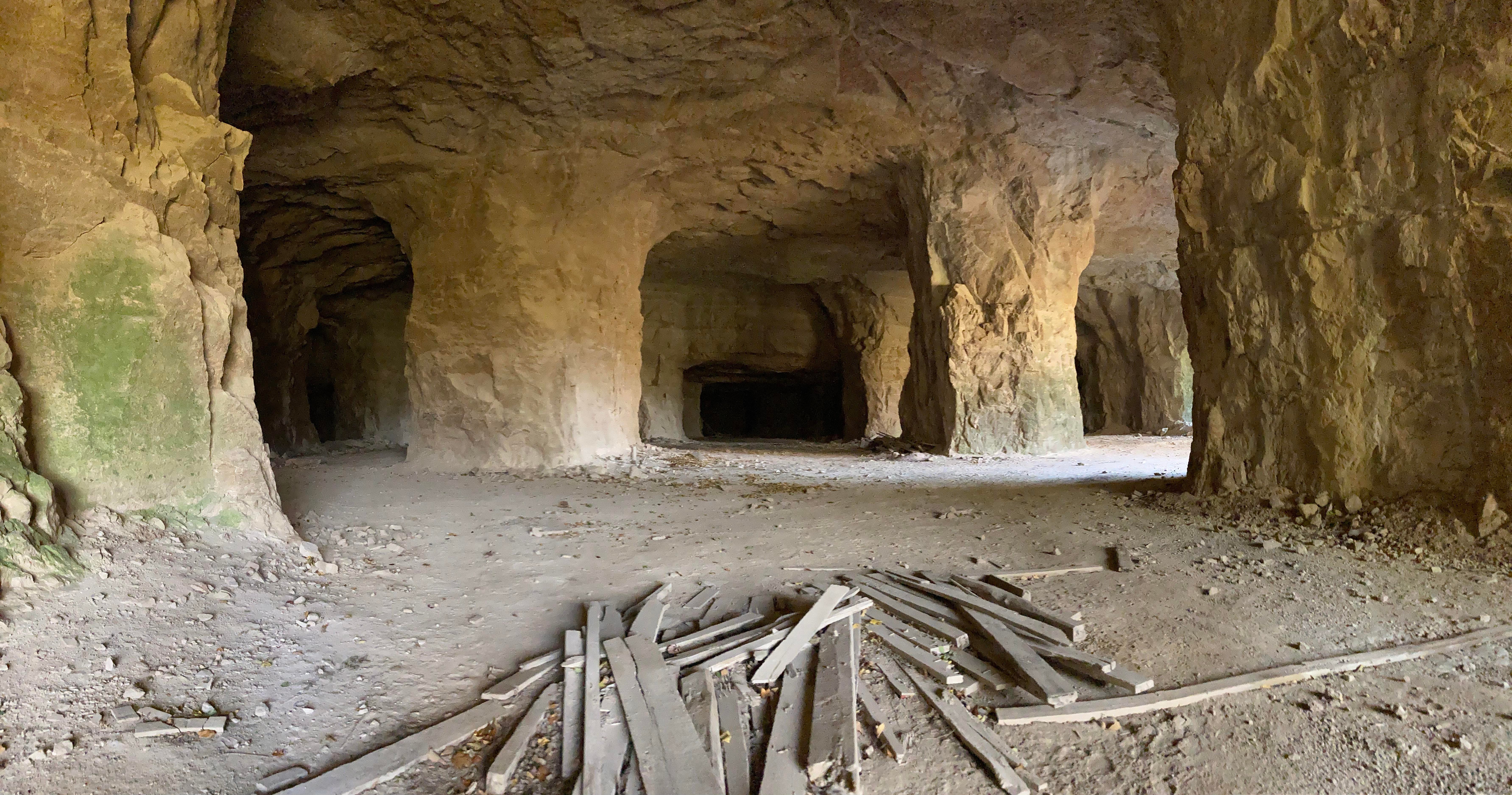 room and pillar subsurface mining layout with large underground chambers supported by rock pillars