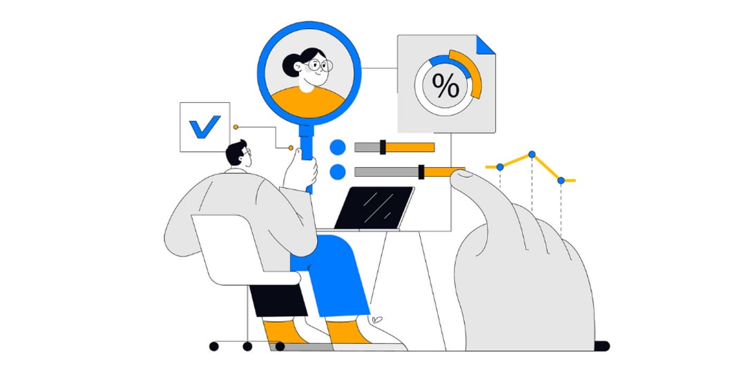 illustration abstractly depicting a prospective employer reviewing a resume that has been optimized for the needs of the current job market.