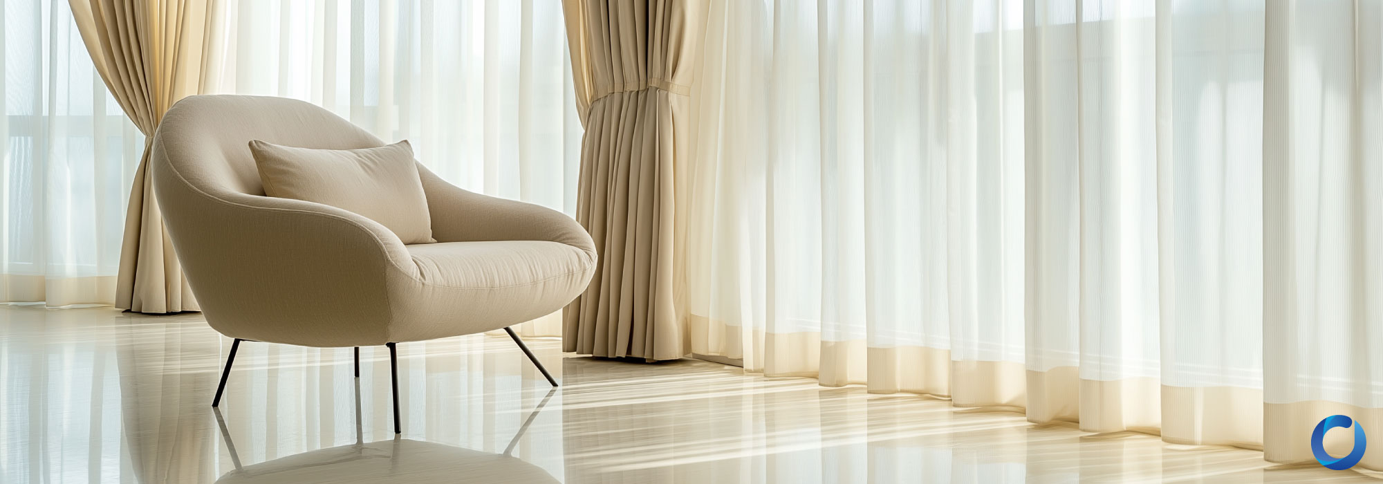 Soft beige European curtains for bright elegant interiors.