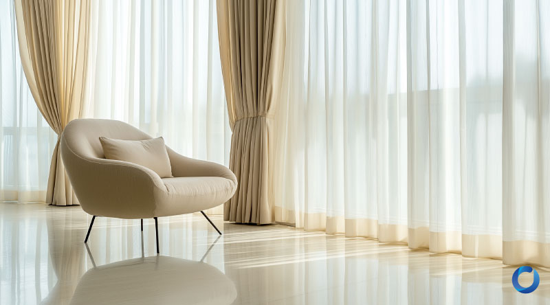 Soft beige European curtains for bright elegant interiors.
