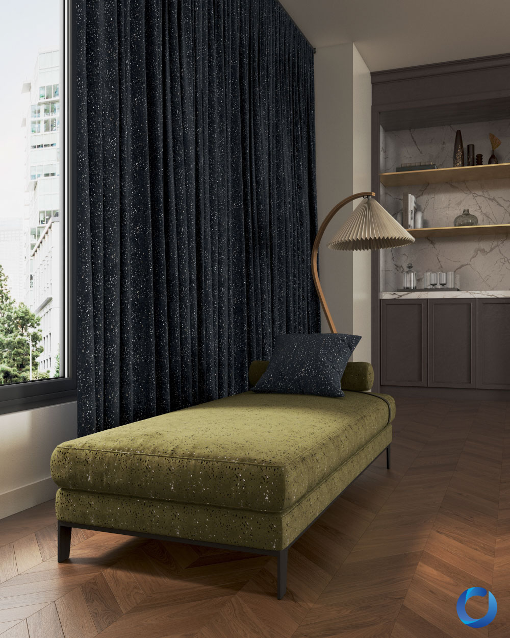 Elegant blackout curtains with celestial-inspired textured fabric. Verbier 1000x1050