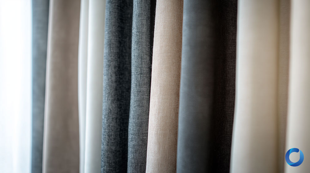Close-up of premium European fabric for curtains in various neutral tones. High-quality, durable, and stylish textile options for modern interior design.