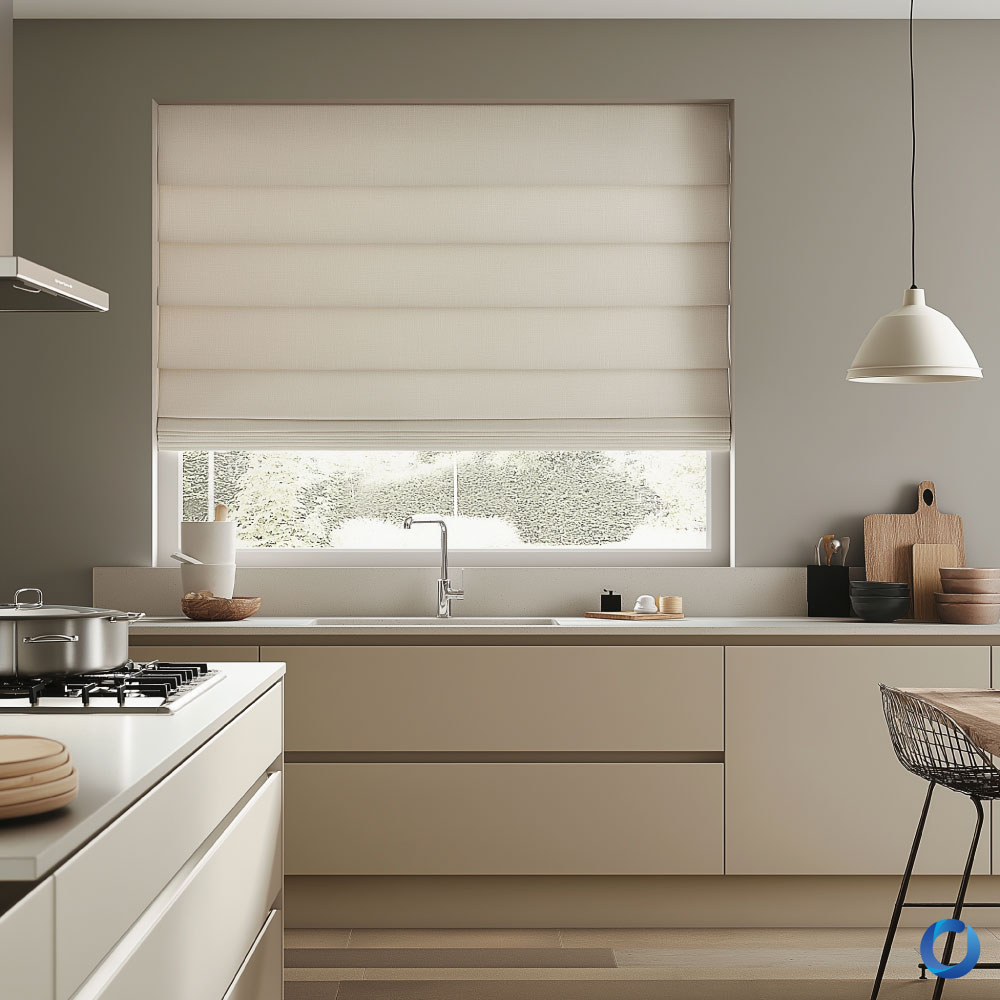 Modern kitchen with neutral-toned cabinets, a Roman blind, and natural light. Minimalist design, practical layout, and cozy ambiance.