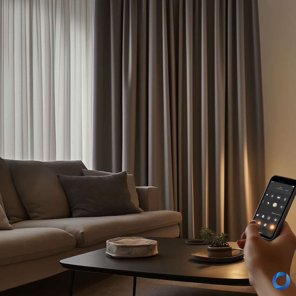 Modern living room with automated smart curtains, a cozy beige sofa, and a sleek black coffee table. The space is warmly lit, featuring minimal decor and a tech-savvy ambiance with a remote control in use.