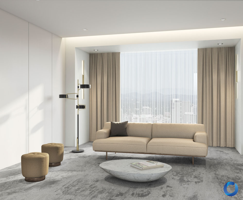 Minimalist living room featuring a beige sofa, floor-to-ceiling curtains, a round marble coffee table, and neutral-toned ottomans. The space is complemented by a sleek floor lamp, soft carpeting, and large windows with city views.