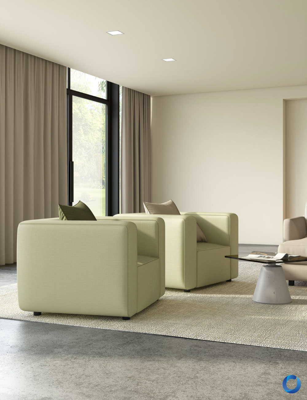 Minimalist living room featuring light green armchairs, neutral curtains, and a textured area rug. The space includes a glass-top coffee table, concrete flooring, and large windows bringing in natural light.