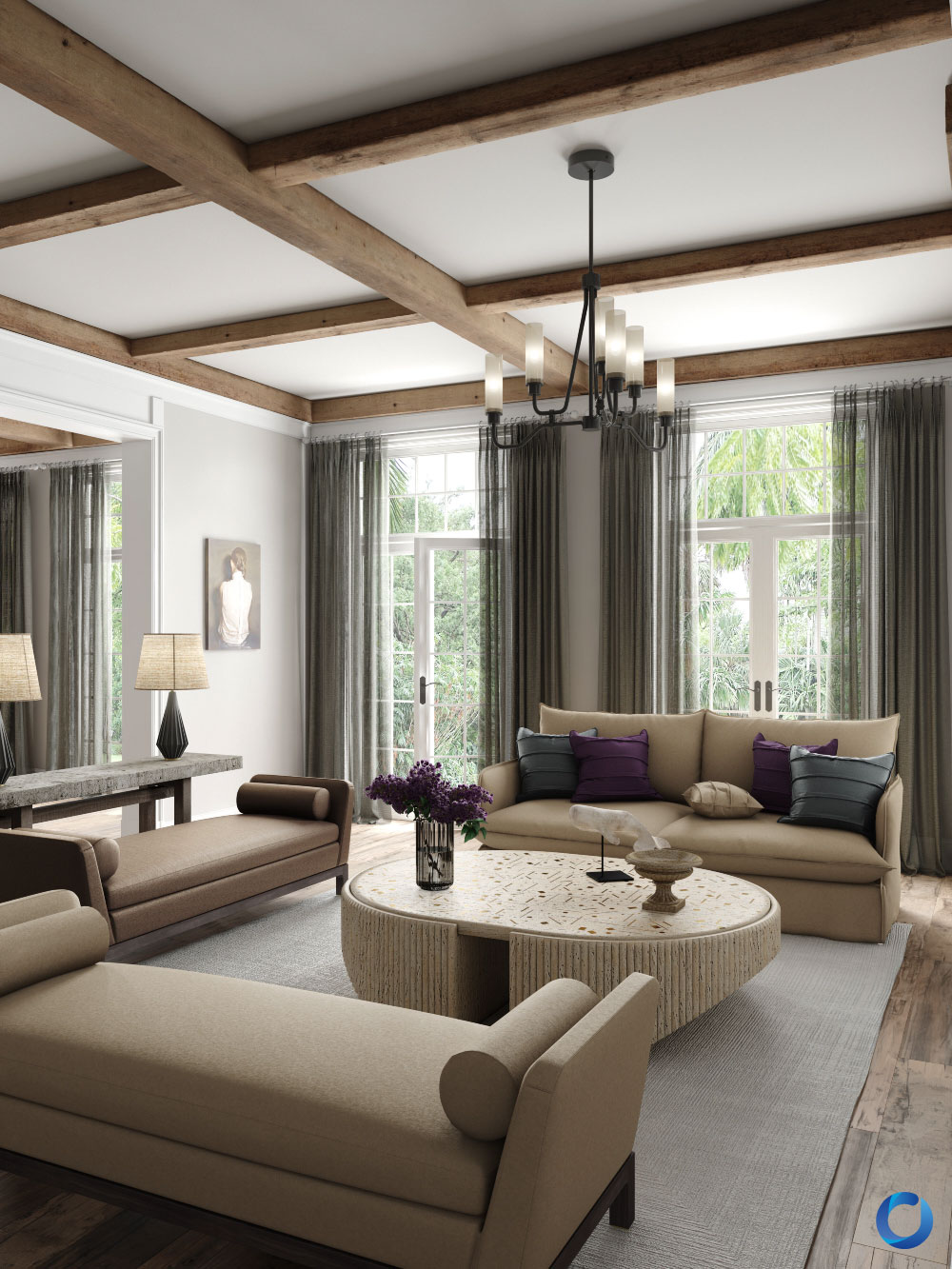 Elegant living room with exposed wood beam ceilings, beige sofas, and a textured round coffee table. The space features floor-to-ceiling sheer curtains, soft lighting, and wood flooring, creating a warm, sophisticated ambiance.