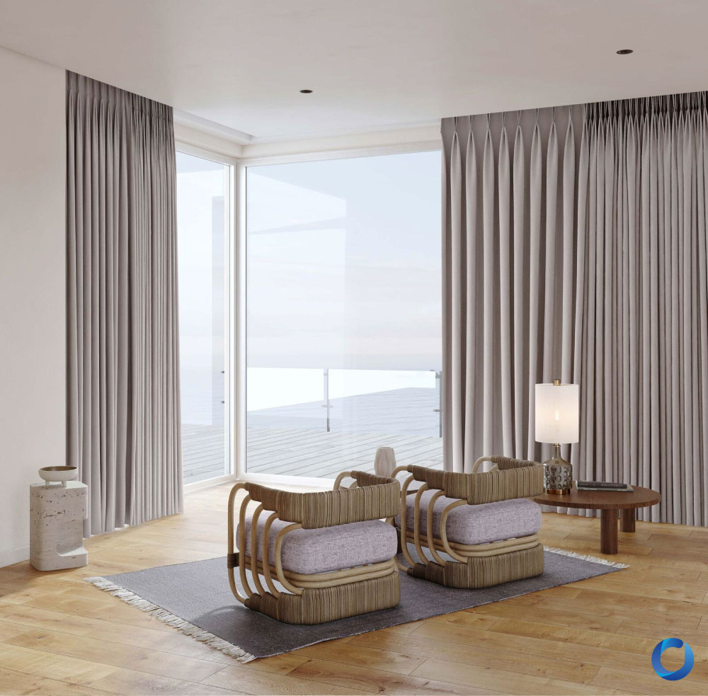 Modern living room with floor-to-ceiling pleated curtains, large glass windows, and ocean view. Minimalist decor with rattan chairs, wooden table, and soft lighting. Collection Miro