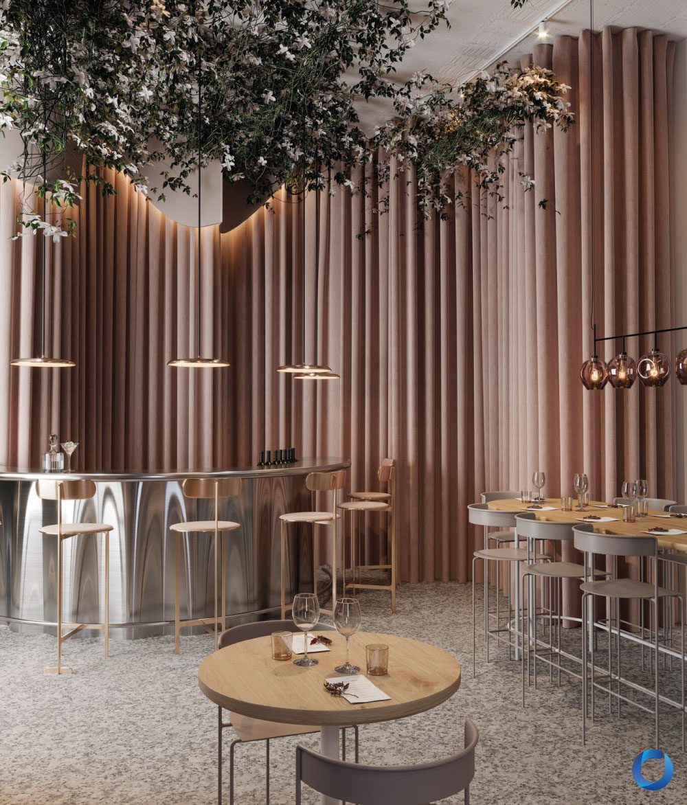 Chic modern bar featuring blush-toned velvet curtains, a sleek curved metallic bar, and hanging pendant lights. The space includes wooden tables, high stools, and greenery cascading from the ceiling, creating a cozy, upscale ambiance.